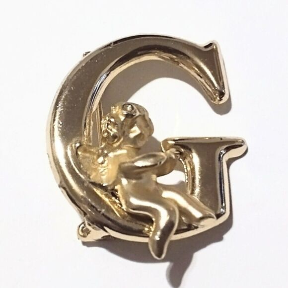 Vintage L. Razza Signed Gold Tone Initial G Brooch with Sitting Angel - Picture 1 of 4